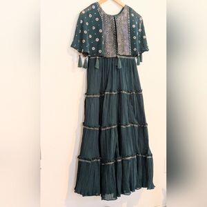 Formal Dress: Deep Green w/Gold Embellishments & Flowy Cape on Modest Sleeveless